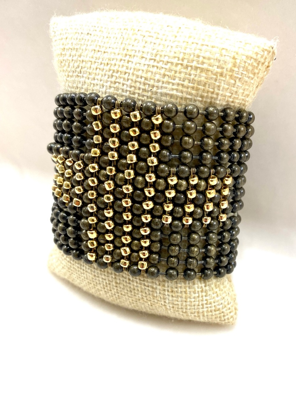 Gold Accent Black Beaded Multi-Row Stretch Bracelet